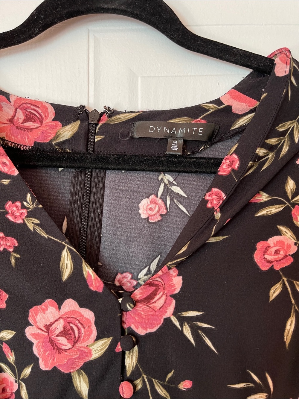 Dynamite Black Floral Button-Front V-Neck Dress with Pink Roses - Picture 3 of 3